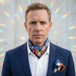 Portrait of a man in a navy blazer and white open-collar shirt wearing a patterned blue wearable art silk scarf tied at his neck with a matching pocket square.