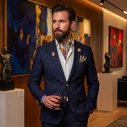 Bearded man in a dark navy suit holding a drink in an art gallery, wearing an artistic patterned wearable art silk scarf tied at his neck with a matching pocket square.