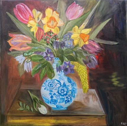 Colorful flowers in a blue vase. Oil on canvas painting