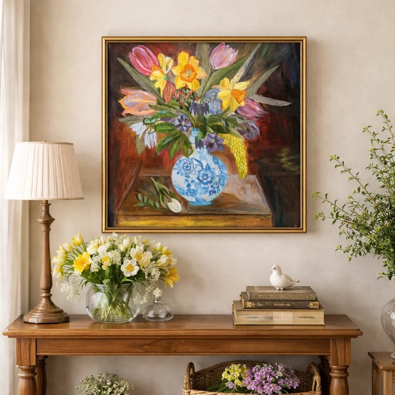 Colorful flowers in a blue vase. Oil on canvas painting
