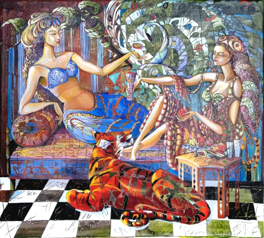 Two women with a tiger painting.