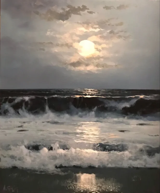 Original oil on canvas painting of a night ocean landscape with dramatic white foam waves and moonlit sky by A. Grigoryan.