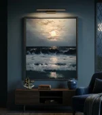 Moonlit seascape oil painting by Aghasi Grigoryan featuring crashing waves and a glowing full moon reflected on the ocean at night.