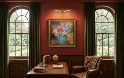 Cozy office with floral painting.