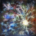 Large-format abstract oil painting with a glowing luminous center radiating into swirling layers of blue, violet, green, and crimson on a dark ground, by Anania Kocharyan.