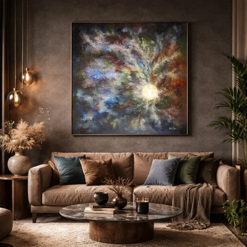 Large-format abstract oil painting with a glowing luminous center radiating into swirling layers of blue, violet, green, and crimson on a dark ground, by Anania Kocharyan.