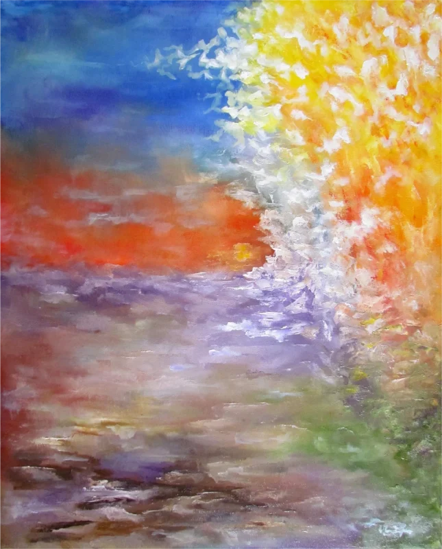 Abstract oil painting of a blossoming tree with birds ascending into a blue sky, rendered in warm gold, orange, lavender, and cerulean.