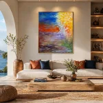 Abstract oil painting of a blossoming tree with birds ascending into a blue sky, rendered in warm gold, orange, lavender, and cerulean.