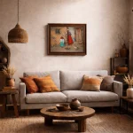 Oil on canvas painting of a young woman and girl standing by a stone-set wall in a rural courtyard, with hens in the foreground, by Sergey Khachatryan (Serkhach), 2022.