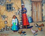 Oil on canvas painting of a young woman and girl standing by a stone-set wall in a rural courtyard, with hens in the foreground, by Sergey Khachatryan (Serkhach), 2022.