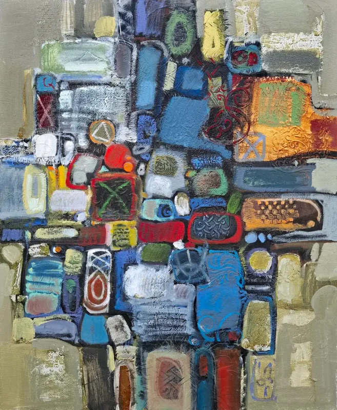 Abstract colorful geometric shapes and patterns. "Dream", oil painting by Abgar Khachatryan Oil painting on canvas.