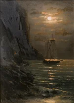 Moonlit seascape oil painting of a tall-masted sailing ship navigating dark coastal waters under a cloud-veiled moon, with a sheer cliff face to the left, by Aghasi Grigoryan, 2025.