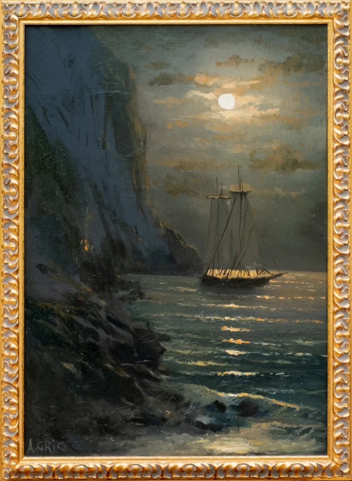 Framed version of the "Moonlit Night", oil painting by Aghasi Grigoryan. Oil painting on canvas.