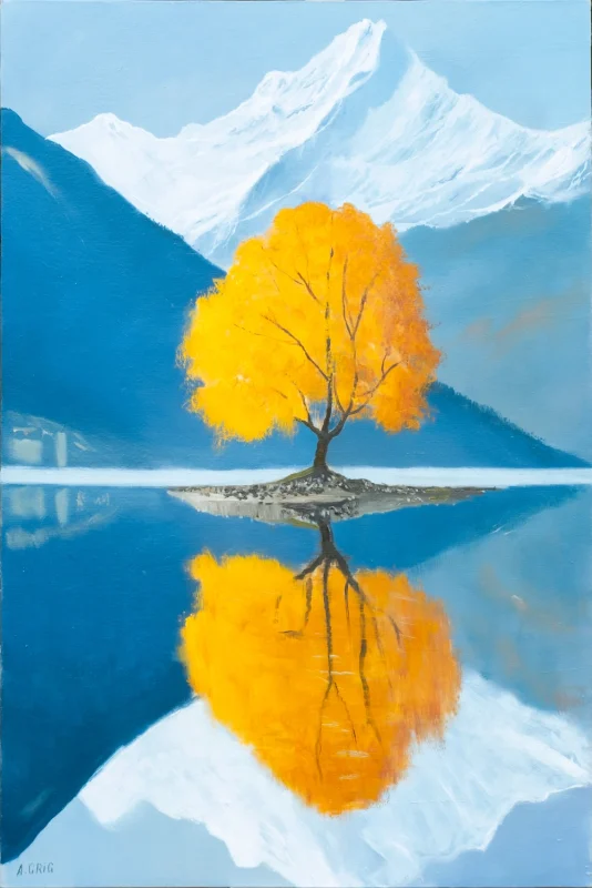 Oil painting of a solitary golden autumn tree reflected in a still alpine lake, with snow-capped mountain peaks in the background, by Aghasi Grigoryan, 2025.