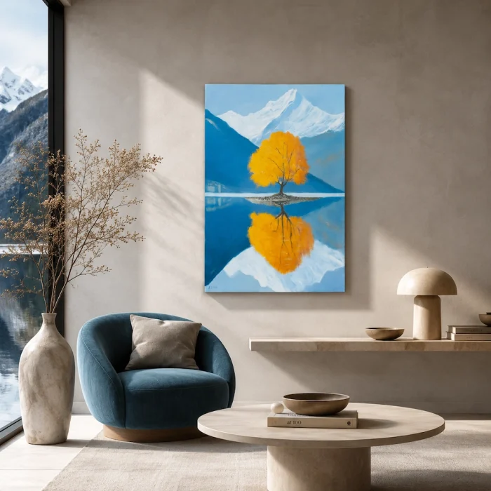 Modern minimalist living room mockup featuring a serene mountain and a solitary golden autumn tree reflected in a lake, displayed on a neutral textured wall in a luxury contemporary interior with soft natural light and elegant decor.
