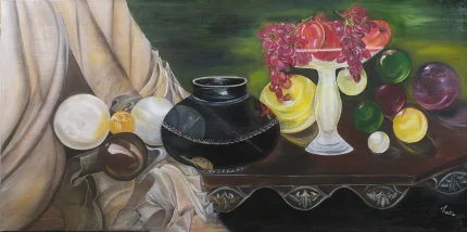 Large-format still life oil painting featuring a black ceramic pot, draped linen cloth, a pedestal dish with red grapes and apples, and polished spheres on a dark carved table. "Still Life", original oil painting on canvas by Hasmik Khalafyan.