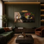 Modern living room mockup featuring an original large-format still life oil painting on canvas by Hasmik Khalafyan.