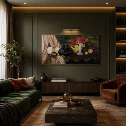 Modern living room mockup featuring an original large-format still life oil painting on canvas by Hasmik Khalafyan.