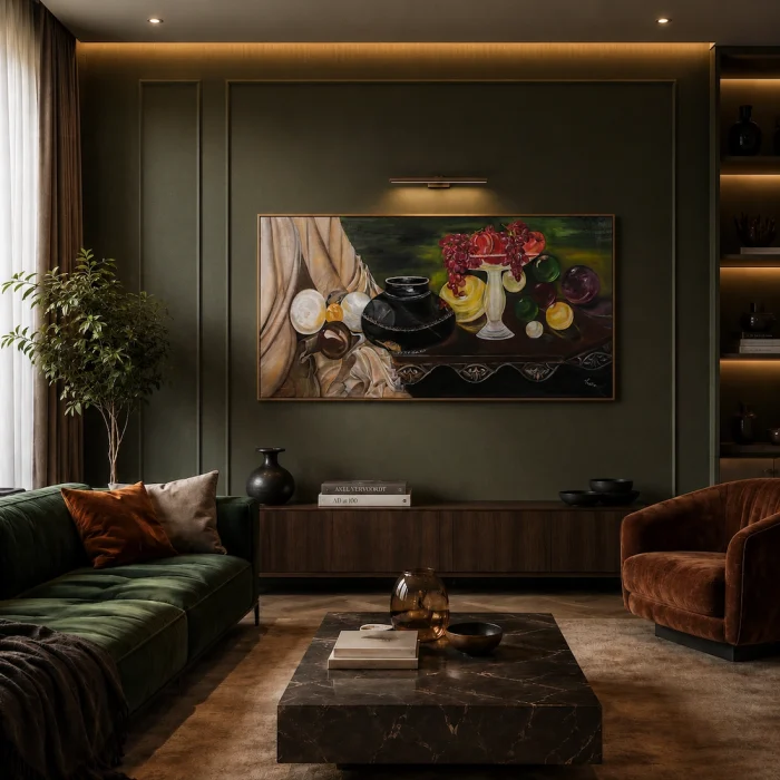 Modern living room mockup featuring an original large-format still life oil painting on canvas by Hasmik Khalafyan.