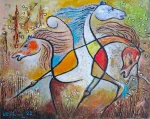 Colorful abstract horses in motion. Acrylic paint on canvas.