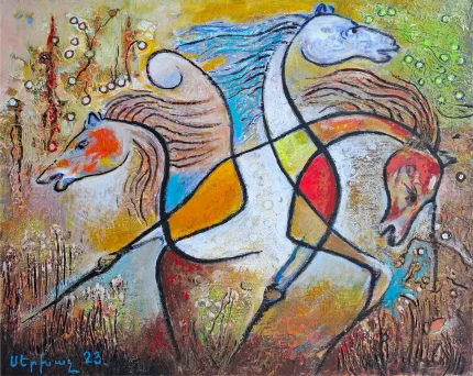 Colorful abstract horses in motion. Acrylic paint on canvas.