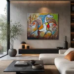 Acrylic paint on canvas. Colorful abstract horses in motion
