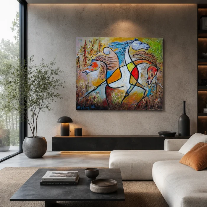 Acrylic paint on canvas. Colorful abstract horses in motion