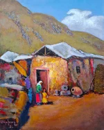 Oil and acrylic painting of a mountain village scene with a woman and child near a doorway, stone grinding wheel, and clay jar in the yard, by Sergey Khachatryan (Serkhach), 2021.