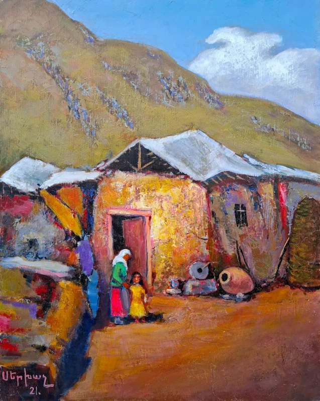 Oil and acrylic painting of a mountain village scene with a woman and child near a doorway, stone grinding wheel, and clay jar in the yard, by Sergey Khachatryan (Serkhach), 2021.