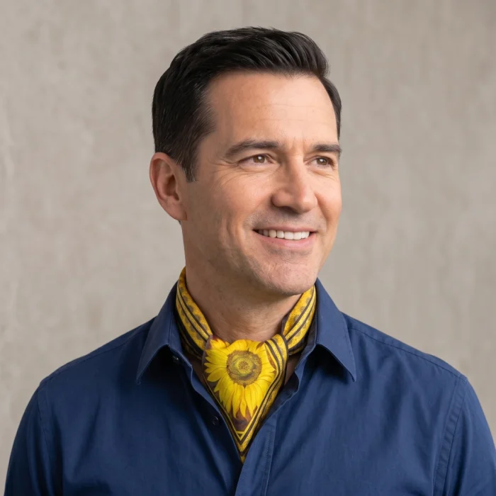 Smiling man in a dark blue button-down shirt with a yellow sunflower wearable art silk scarf neatly folded and tucked inside his open collar.