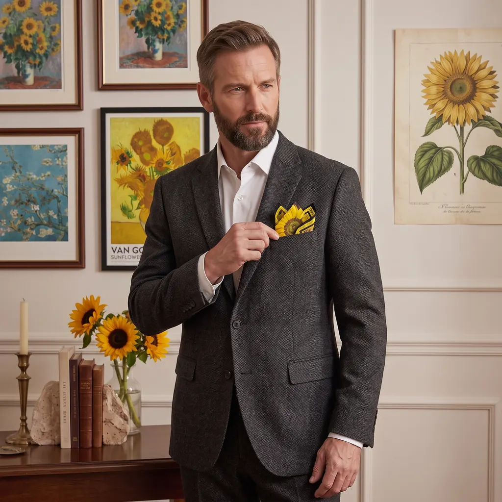 Discerning gentleman wearing a fine art silk scarf as a folded pocket square inside a tailored blazer