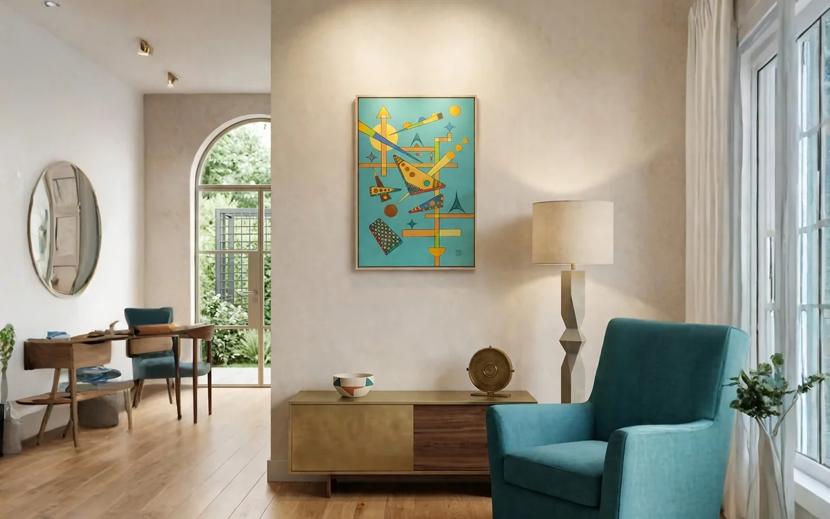 Statement art for modern living room: large-scale original painting creating architectural focal point above designer sofa