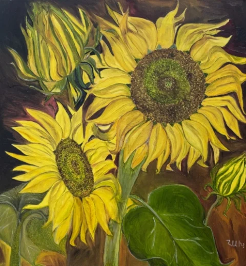 "DaVinci Sunflowers", oil painting by Hasmik Khalafyan. Oil on canvas painting.